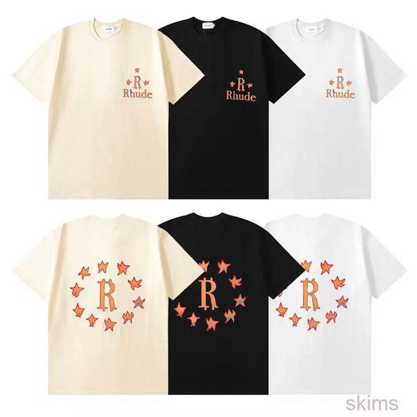 Rhude Erkek Tişörtleri Kaliteli Erkekler Kadınlar Büyük Boy boy Hip Hop T-Shirt Turuncu Baskı Yıldızları Yok R Mektup Tees