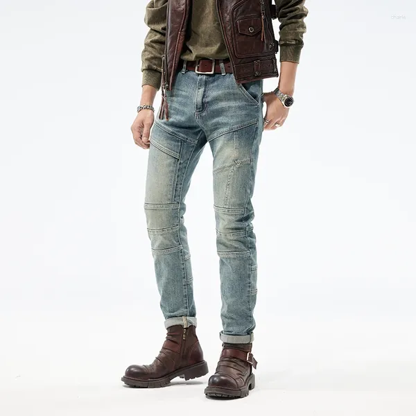 Männer Jeans Marke Skinny 2023 High Street Retro Gerade Fit Blau Denim Hosen Motorrad Reiten Hübsche Hosen Für Männer