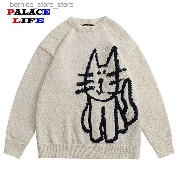 Suéter masculino harajuku retrô desenho animado suéter de malha masculino padrão de gato suéter de grandes dimensões pulôveres de inverno suéter japonês 2022 q231103