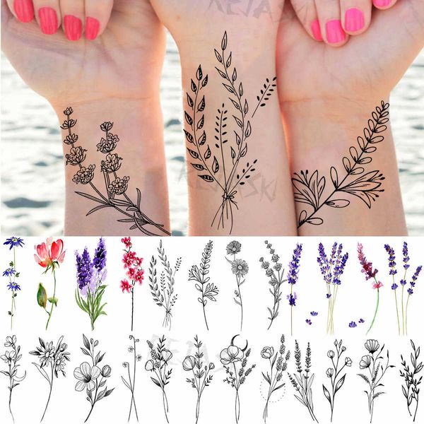 Tatuaggi Temporanei Piccolo Bouquet Nero Foglie Tatuaggi Temporanei Per Le Donne Adulti Lavanda Prugna Tatuaggio Finto Impermeabile Body Art Pittura Tatuaggi Decal Z0403