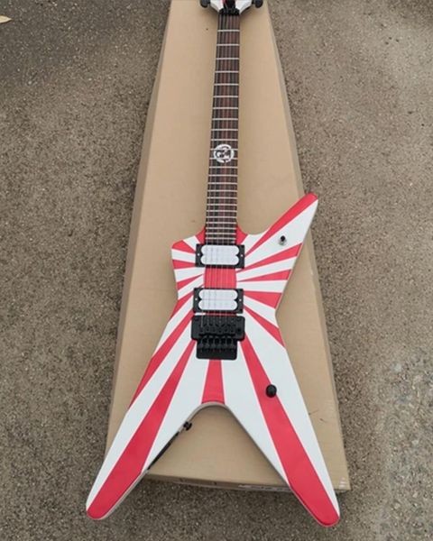 Guitarra elétrica pintada em forma de V de 6 cordas personalizada, listra vermelha, tinta branca