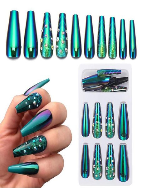 24 PCS Unhas Postiças Brilhantes Verde Escuro Strass Longo Destacável Francês Unhas Falsas Ballet Caixão Dicas Press On Art Tools Manicure Be7132278