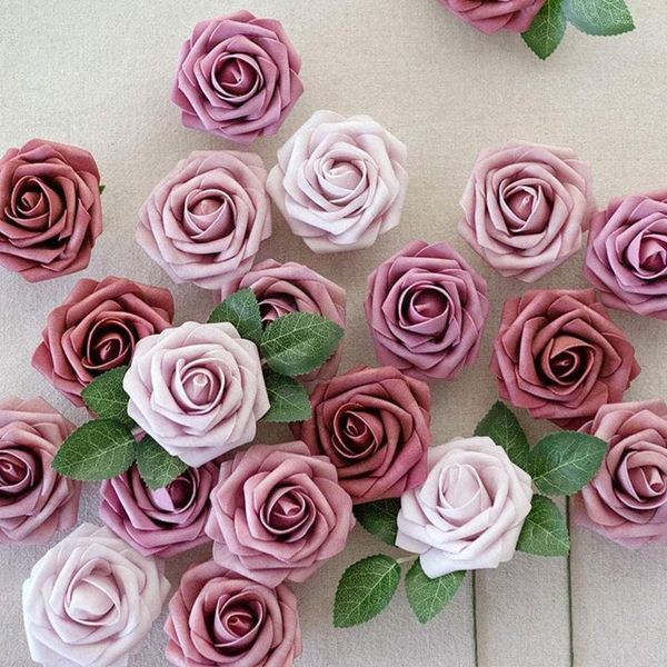 Dekorative Blumen D-Seven Artificial 25PCS Mauve Ombre Foam Roses With Stem For DIY Wedding Bouquets Flower Arrangements Cake Decor