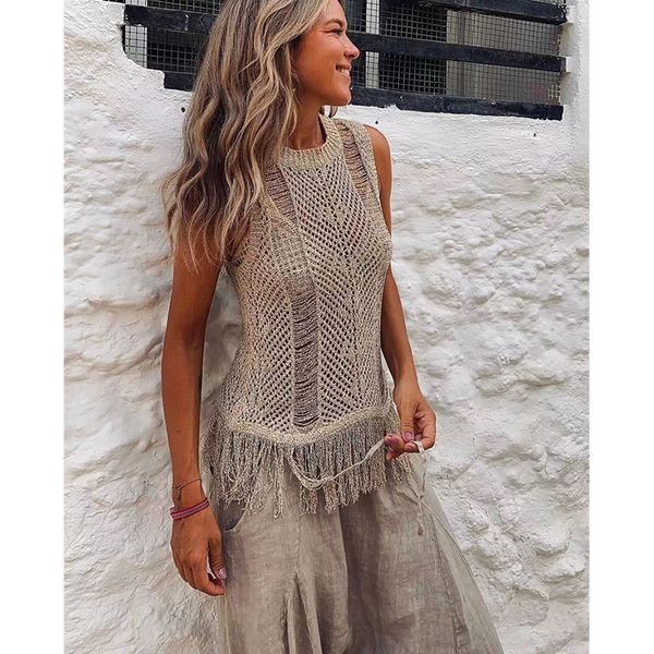 Costumi da bagno da donna Bikini Cover-up Lavorati a maglia Sexy See Through Mesh Beach Cover Abiti estivi O Neck Scava fuori Top Camicetta Tassel Tank 230403