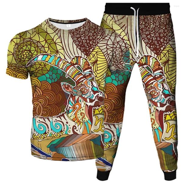 Tute da uomo Stile Harajuku Uomo Donna Tuta Tuta Totem Piuma Animale Pecora Testa di toro Stampa Abbigliamento Uomo T-Shirt Pantaloni 2Pc