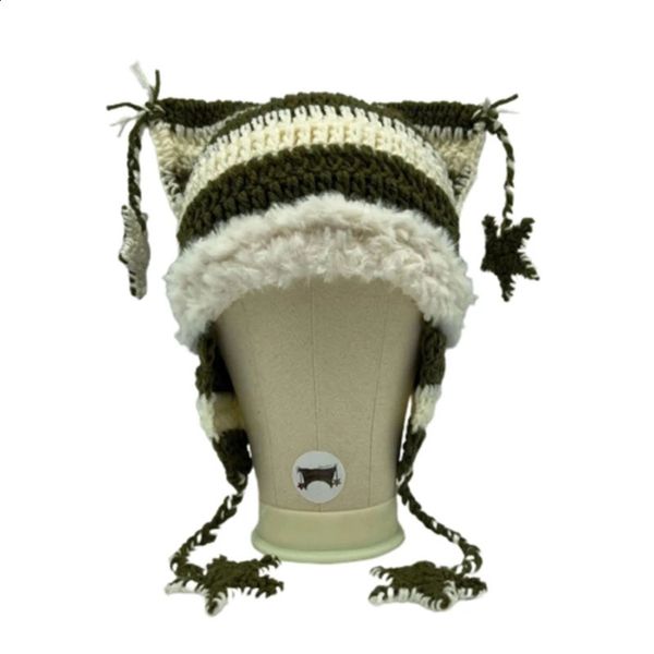 Шапка-бини/шапка с черепом для девочек, вязаная шапочка с кошачьими ушками для девочек, праздничная шапка в стиле Y2K, милая вязаная крючком шапка с напуском для девочек, 231102