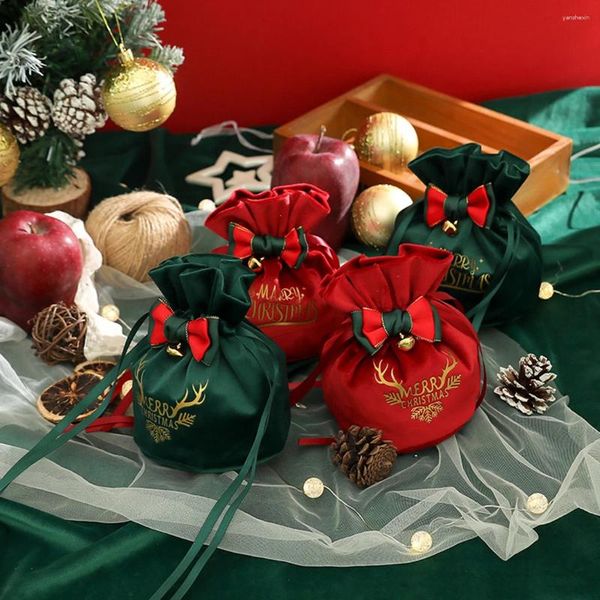 Decorações de natal veludo cordão saco de doces papai noel desenhar corda sacos de maçã diy presente de natal para casa feliz festa decoração