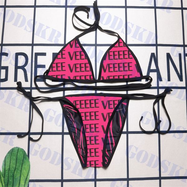 Costume da bagno a doppia faccia con scritta a lettera intera in bikini rosa nero da donna
