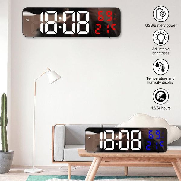 Wanduhren LED-Digitaluhr mit großem Bildschirm, einstellbare Helligkeit, Temperatur, Luftfeuchtigkeit, Datumsanzeige, Alarm für Zuhause, Wohnzimmer, Dekoration