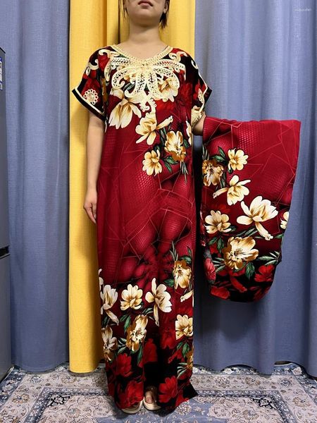 Ethnische Kleidung Abayas für Frauen Mode muslimische gedruckte Blume Baumwolle Applikationen traditionelle afrikanische Kleider lose Femme Robe mit Turban