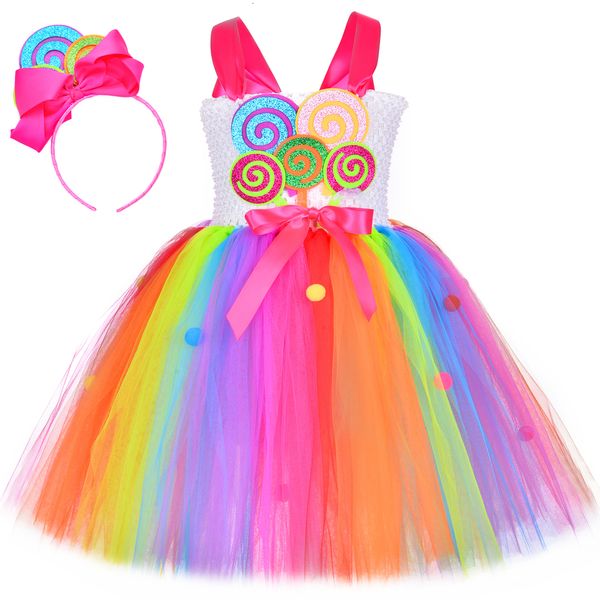 Cosplay Girls Lollipop Candy Tutu Dress Rainbow Girl Birthday Party Tulle Dress Dress Carnival Halloween Traje para crianças vestido de vestido de princesa 230403