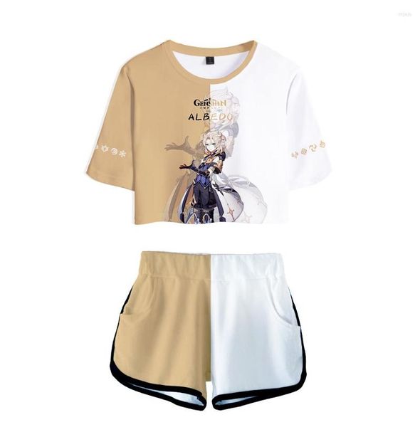 TRABALHOS femininos Hip Hop Purple e Genshin Impressão 3D Impressão de manga curta shorts Sexy Camisetas adoráveis