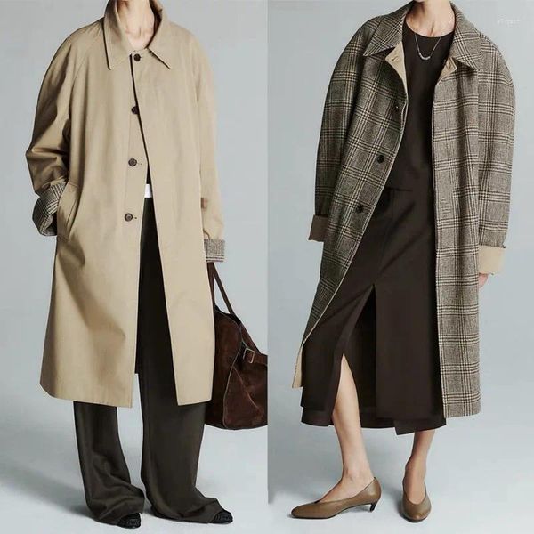 Damen-Trenchcoats, Wollmantel, wendbar, doppelte Tragefarbe, gewebt, kariert, Baumwolle mit hoher Dichte, Damen-Winterkleidung