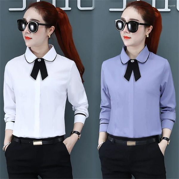 Blusas femininas Coreano Commuter Business Shirt Mulheres Moda Slim Fit Anti Peeping Blusa Elegante Polo Pescoço Curto / Manga Comprida Branco