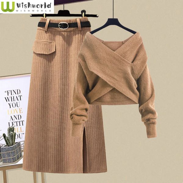 İki Parça Elbise Kore Moda İlkbahar ve Sonbahar Yaşlanma Çapraz Örgü Sweater İnce Etek İki Parçalı Zarif Kadın Etek Seti 230403