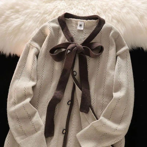 Suéteres femininos Korejepo 2023 Simples Bow Sweater Casaco Outono Inverno Preguiçoso Design Top Belo Temperamento Romântico Cardigan De Malha