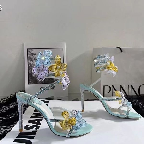 Rene Caovilla High Cadle Heel Sandals Renee Womens Strass Scarpe Flowers Wraving Romantico HEE HEE Wedding Crystal Crystal Snake Designer Luxury Designer Fashion Cleo