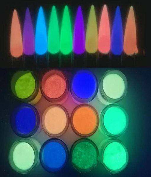 Nagelglitzer, 12 Gläser, 12 Farben, pulverfarben, im Dunkeln leuchtend, Acryl-Tauchen für Nägel, GlowInTheDark1428878