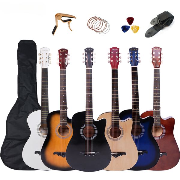 38 Polegada guitarra acústica para viagens iniciantes adultos kit com capo picaretas saco 6 cordas de aço guitarra para adolescentes agt16