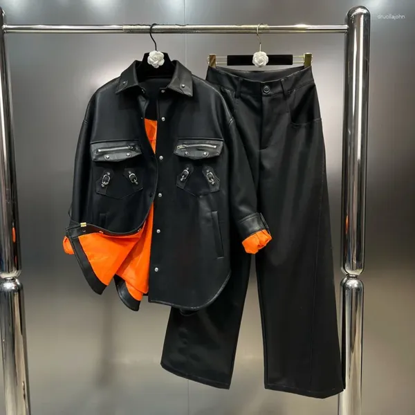 Женские брюки из двух частей BORVEMAYS 2023, осенняя куртка с лацканами и длинными рукавами и карманами из искусственной кожи, простые широкие комплекты из двух частей WZ6101