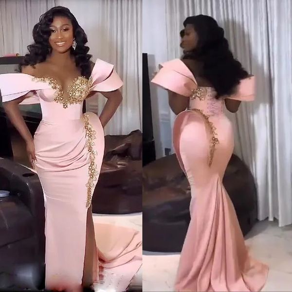 Lichtroze Aso Ebi Galajurken Off-shoulder Zijsplit Zeemeermin Geappliceerde Kralen Strass Afrikaanse Nigeria Dames Avondjurk Tweede Receptie Jurken Lange Trein