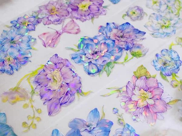 Confezione regalo Nastro adesivo Washi PET lucido con sfondo floreale viola vintage blu per la creazione di biglietti per pianificatori Adesivo decorativo per piani di scrapbooking fai da te