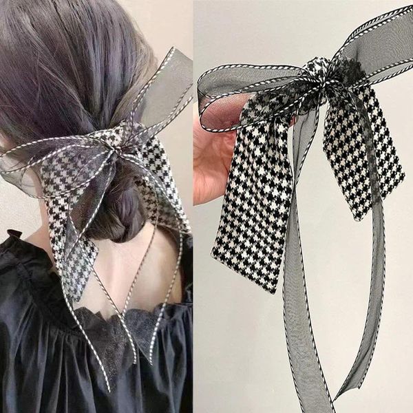 Grampos de cabelo Grande Grab Clip Bow Hairpins Doce Menina Captura Dupla Camada Houndstooth Malha Fio Hairpin Flor Headdress