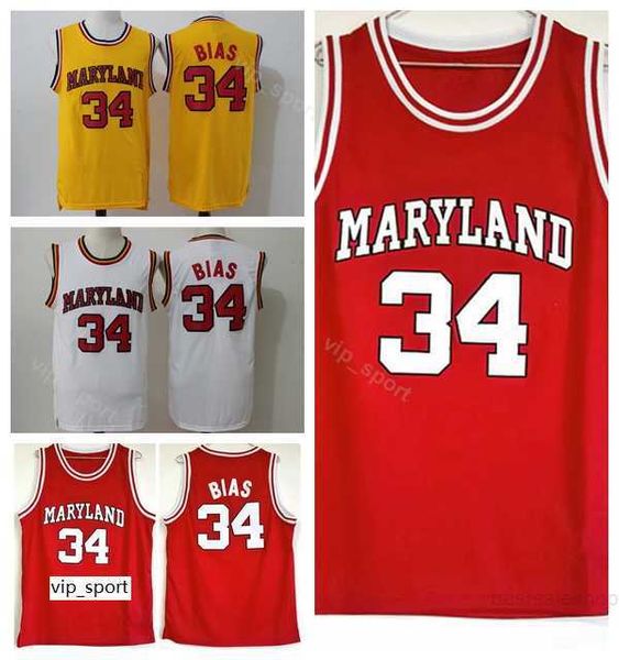 Men University 34 Len Bias Jersey 1985 Maryland Terps College Basketball Jersey para fãs de esporte Team respirável cor vermelha branca amarela
