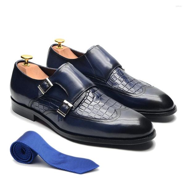 Scarpe eleganti da uomo stile classico con doppia fibbia Monk Strap in vera pelle con punta alare stampa coccodrillo da ufficio formale da uomo