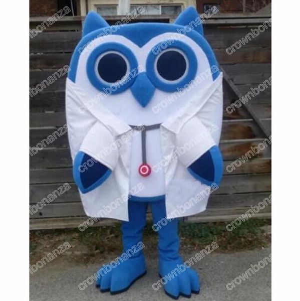 Costumi della mascotte del medico del gufo blu super carino Costume da personaggio dei cartoni animati di Halloween Vestito da festa di Natale all'aperto Abbigliamento pubblicitario promozionale unisex