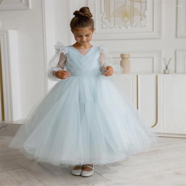 Abiti da ragazza Fiore estivo azzurro maniche lunghe Matrimonio Elegante abito da festa di compleanno eucaristico per bambini