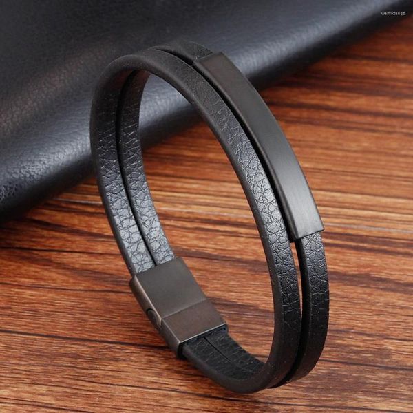 Bracelets de charme clássico de couro simples textura de couro inoxidável botão de aço de aço masculino