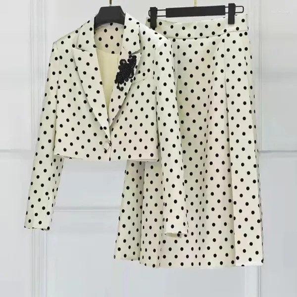 Vestidos de trabalho Top Quality Designer Roupas Conjuntos 2023 Primavera Outono Saia Terno Mulheres Polka Dot Imprimir Manga Longa Casaco Outwear Maxi Saias