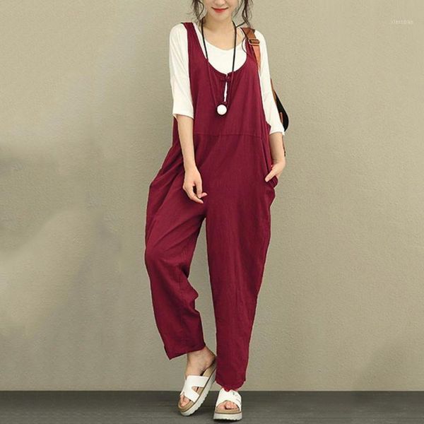 Damen Jumpsuits Strampler EaseHut Große Größen Jumpsuit 2023 Sommer Herbst Rückenfreie Taschen Breites Bein Lange Hosen Leinen Overalls