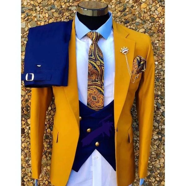 Herrenanzüge Blazer Mode Hochzeitsanzug für Männer Gelber Mantel mit blauer Weste Hose Slim Fit 3 Stück Formal Man Party Custom Made Plus Size