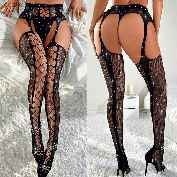 Meias Hosiery Stocking Come Black Mesh Fishnet Strass Mulheres Sexy Open Crotch Collants Net Meia-calça Coxa Alta Joelho Longo Corpo Adulto Meias T231104