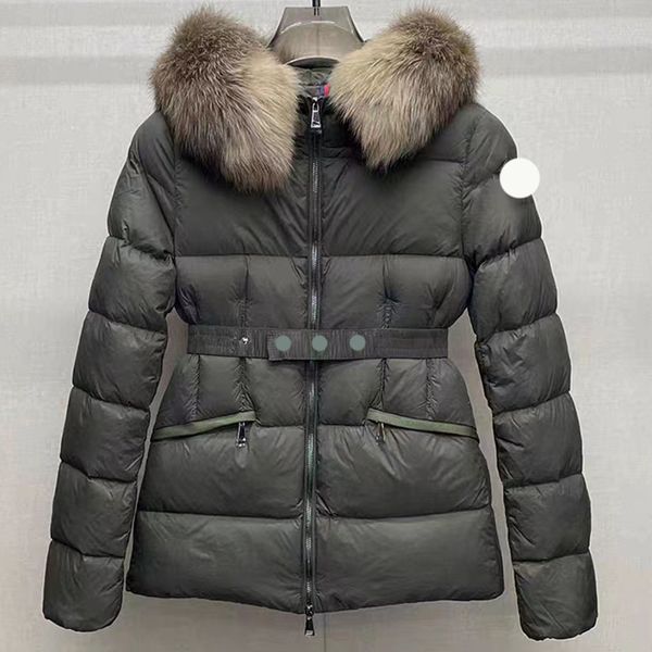 Französische Designermarke M Home Damen-Pufferjacke mit besticktem Abzeichen, Pelzkragen, Winterjacke zum Warmhalten, Gürtel für Damen, Daunenjacke mit Kapuze und NFC