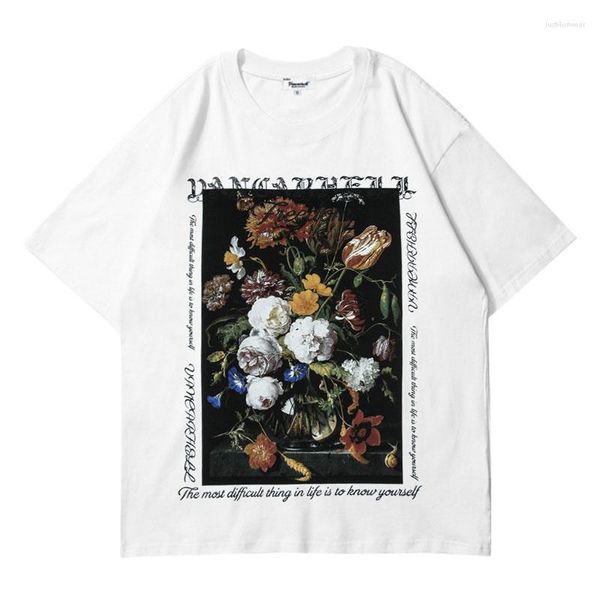 Herren-T-Shirts, Übergröße, Malerei, Blumen-Buchstabe, bedruckt, Harajuku, Baumwolle, kurzärmelig, Unisex, Sommer