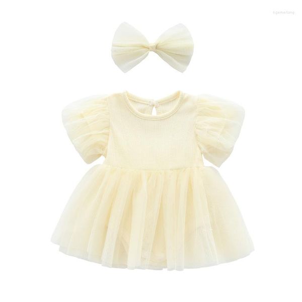 Mädchen Kleider weich 0-12 Monate Kleinkind Baby Mädchen Rundhalsausschnitt Kurzarm Sommer geraffte Kleidung Kleinkind Baumwollkleid mit Haarband