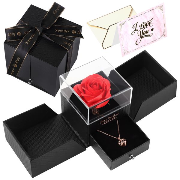 Gastgeschenk Behogar Ewige Blume Seife Rose Schmuckschatulle mit Herzkette Romantisches Überraschungsgeschenk für Frau Freundin am Valentinstag 230404