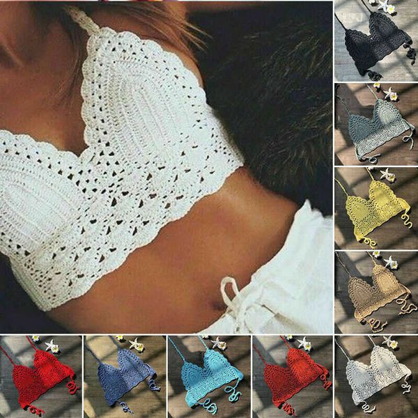 Canotte da donna Camis New Sexy Bikini Crop Top Donna Crochet Boho Beach Canotte Bikini Bralette Halter Cami Reggiseno lavorato a maglia Backless Beachwear Canotta P230322