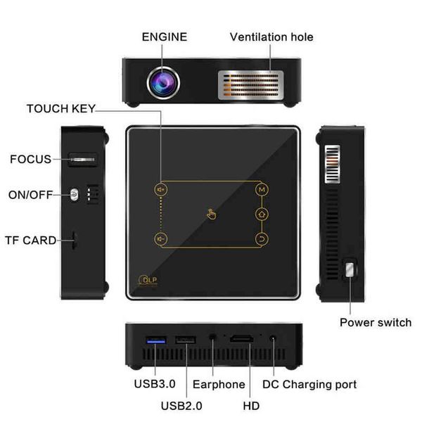 C9 artı 4K Mini Taşınabilir DLP Projektör Android 7.1 WiFi Bluetooth Akıllı Dokunmatik Pad LED Home Cinema Beamer