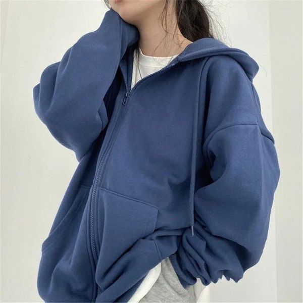 Hoodies femininos casual oversized moletom moda jaquetas com capuz bolso solto zíper harajuku y2k streetwear draw string sólido