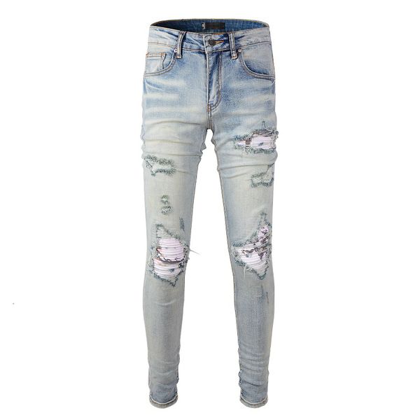 Jeans da uomo Stile moda Azzurro Slim Fit Distressed Streetwear Bandana Patchwork Skinny Stretch Holes High Street Strappato 230404