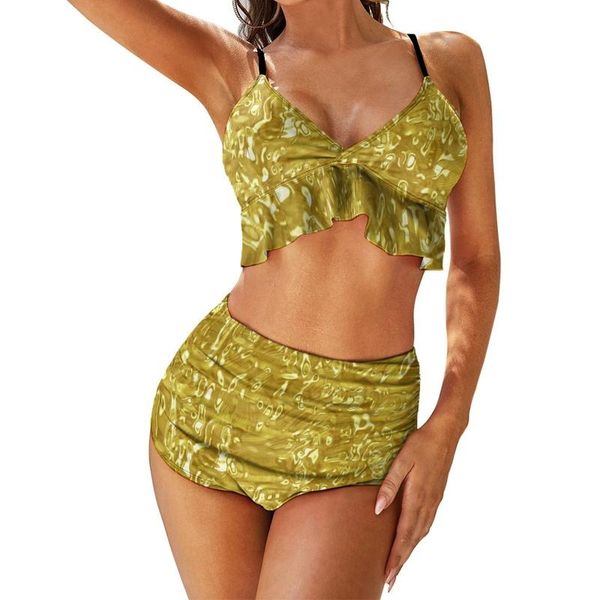 Женские купальники золотой металлическая текстура бикини купальник сексуальный абстрактный блестящий набор с высокой талией.