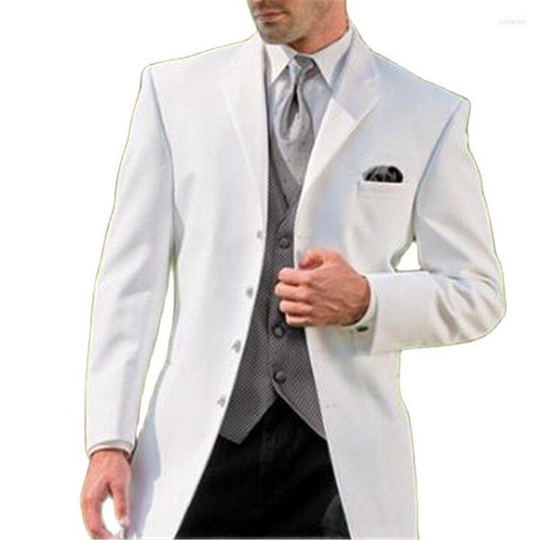 Herrenanzüge 3Pcs Kerb Revers Jacke Schwarze Hose Graue Weste Nach Maß Weißer Blazer Hose Männer Bräutigam Hochzeit Tragen Kleidung