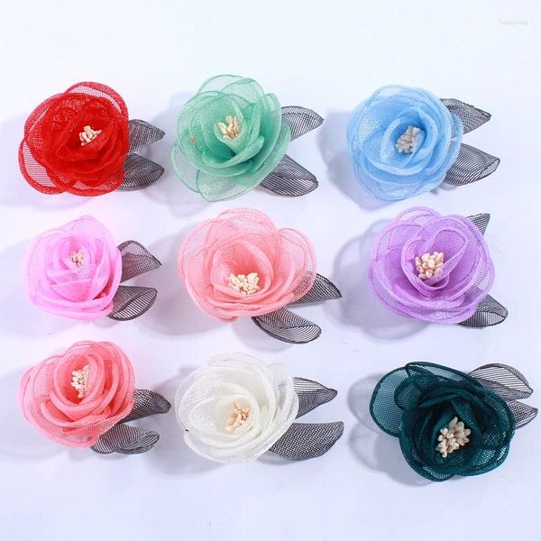 Acessórios de cabelo 60pcs 5cm nascido queimado flores de tecido de cetim com folha de flor de seda de estame para headbands