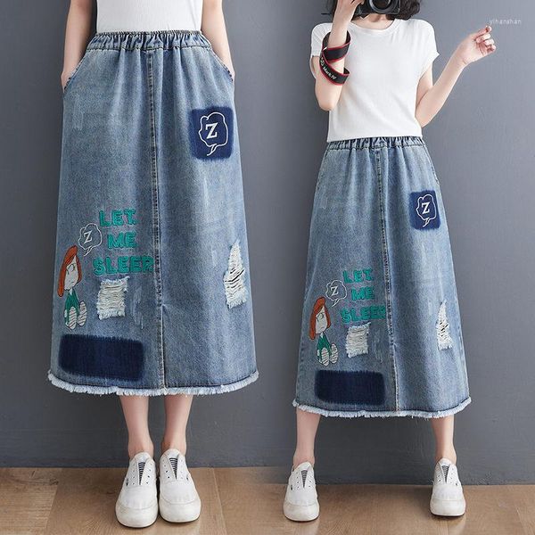 Röcke 2023 Sommer Korean Retro Stickerei Jeansrock Allgleiches Elastische Taille Vintage Ausgefranste Mode Jeans Saias Mujer Faldas H1962