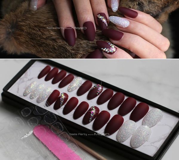 Matte Flash Art Nails Box Match Press on Nails Burgunder AB Strass Fasle Nails Stiletto mit Klebelaschen Select6981017