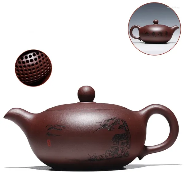 Conjuntos de chá grandes vendas chinês verdadeiro yixing zisha bule de chá marcado artesanal esculpido bola em forma de infusor buracos mestre roxo grão